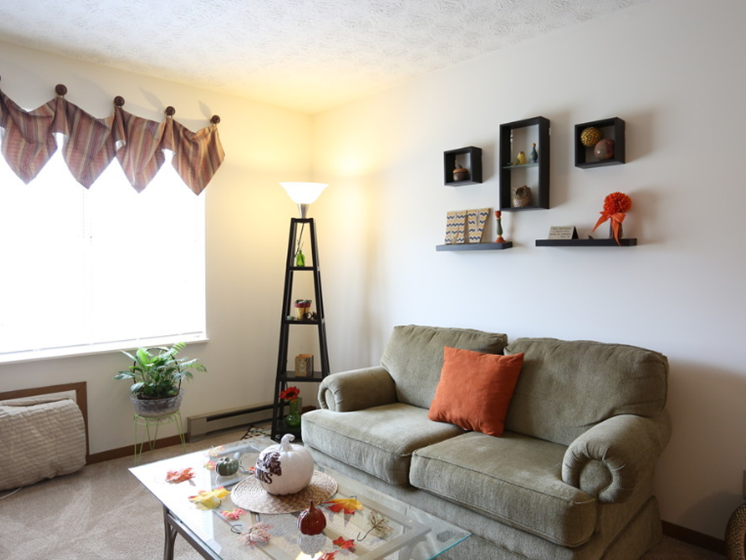 Image of a living room with couch, coffee table, and lamp